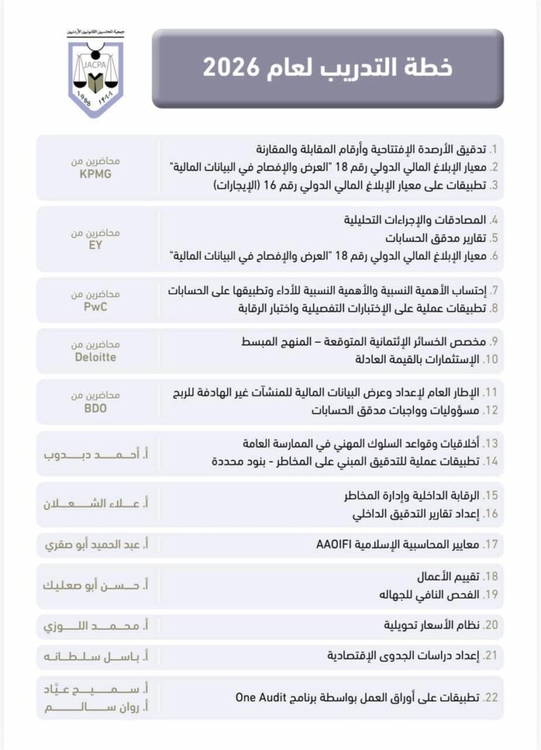 جمعية المحاسبين القانونيين الأردنيين تعتمد خطة التدريب لعام 2026